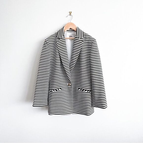 Anne Klein Blazer Black White Stripe Single Button Long Sleeve Women's S Jacket - Picture 1 of 10